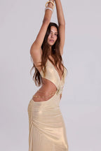 Gold Cutout Halter Maxi Dress H7021