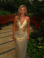 Gold Cutout Halter Maxi Dress H7021
