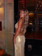 Gold Cutout Halter Maxi Dress H7021