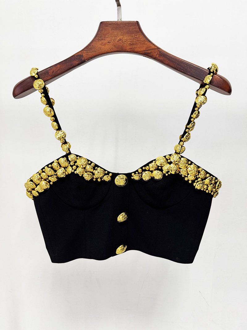 Gold Embellished Black Crop Top & Skirt Set H7084