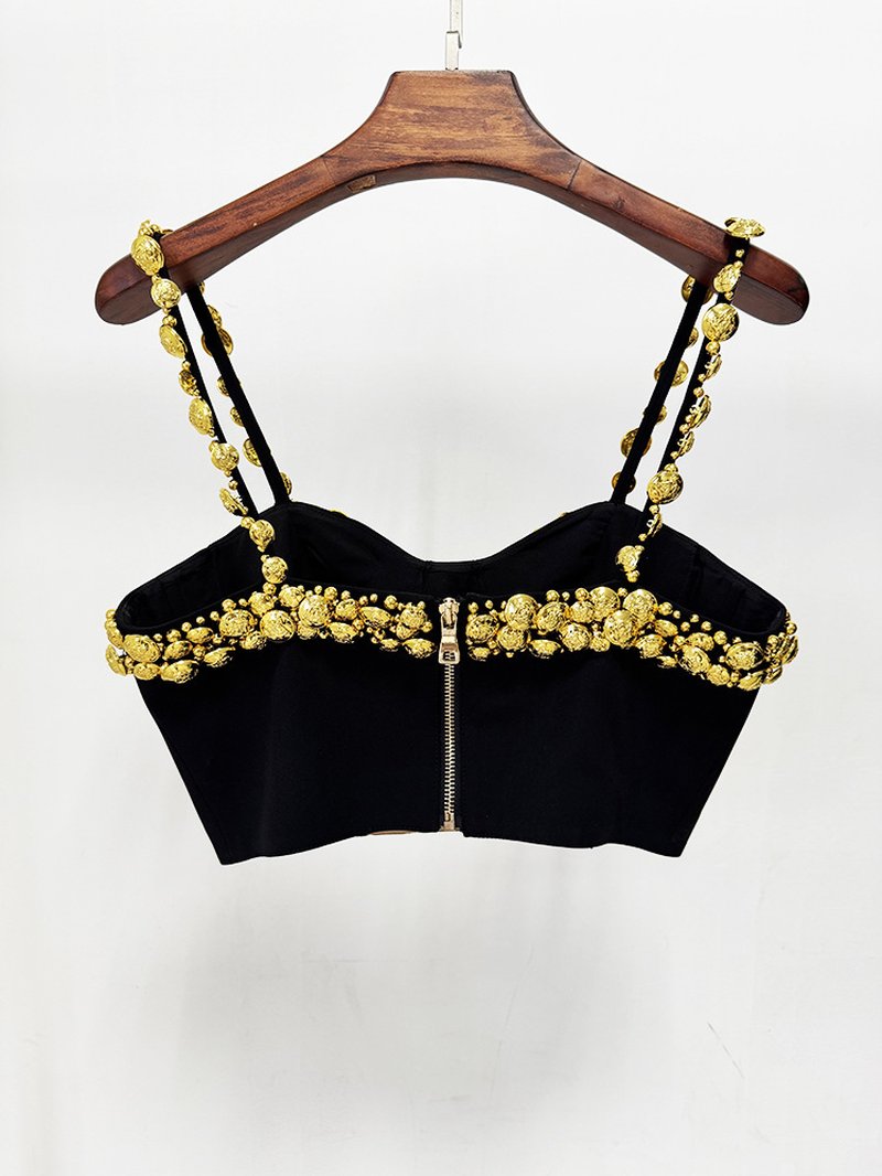 Gold Embellished Black Crop Top & Skirt Set H7084