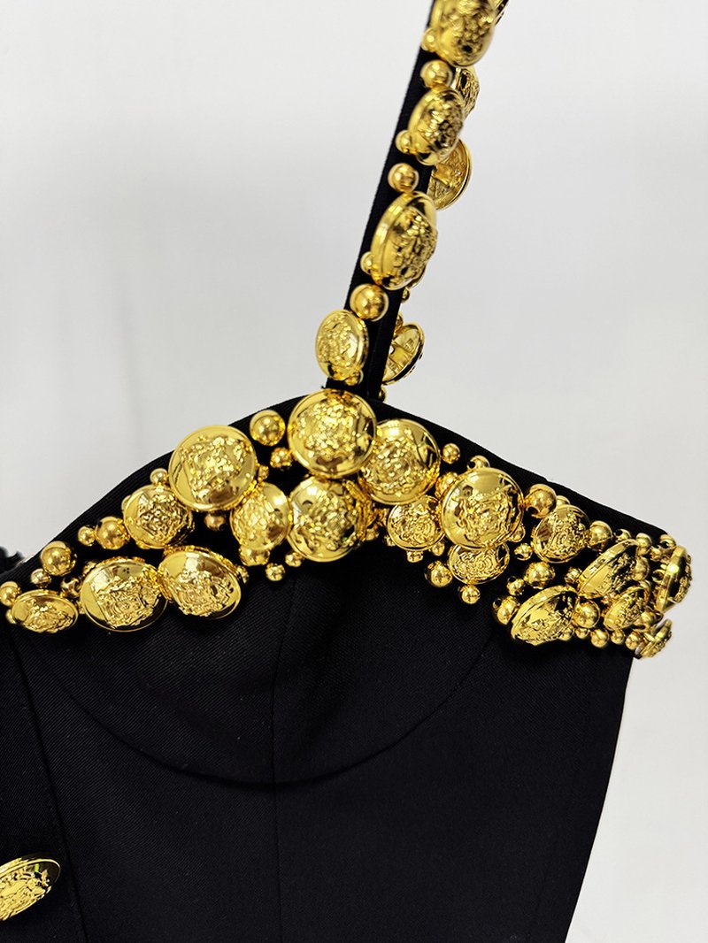 Gold Embellished Black Crop Top & Skirt Set H7084