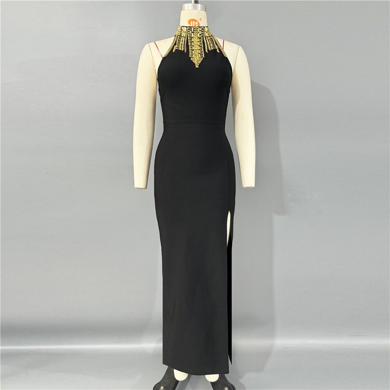Gold Embellished Halter Midi Dress H6796