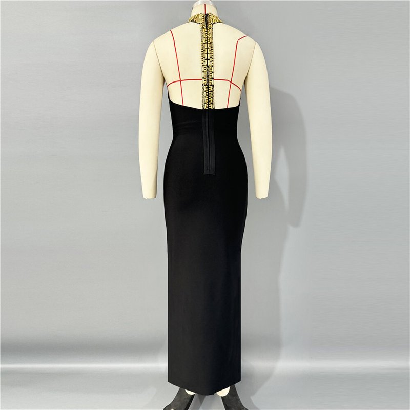Gold Embellished Halter Midi Dress H6796