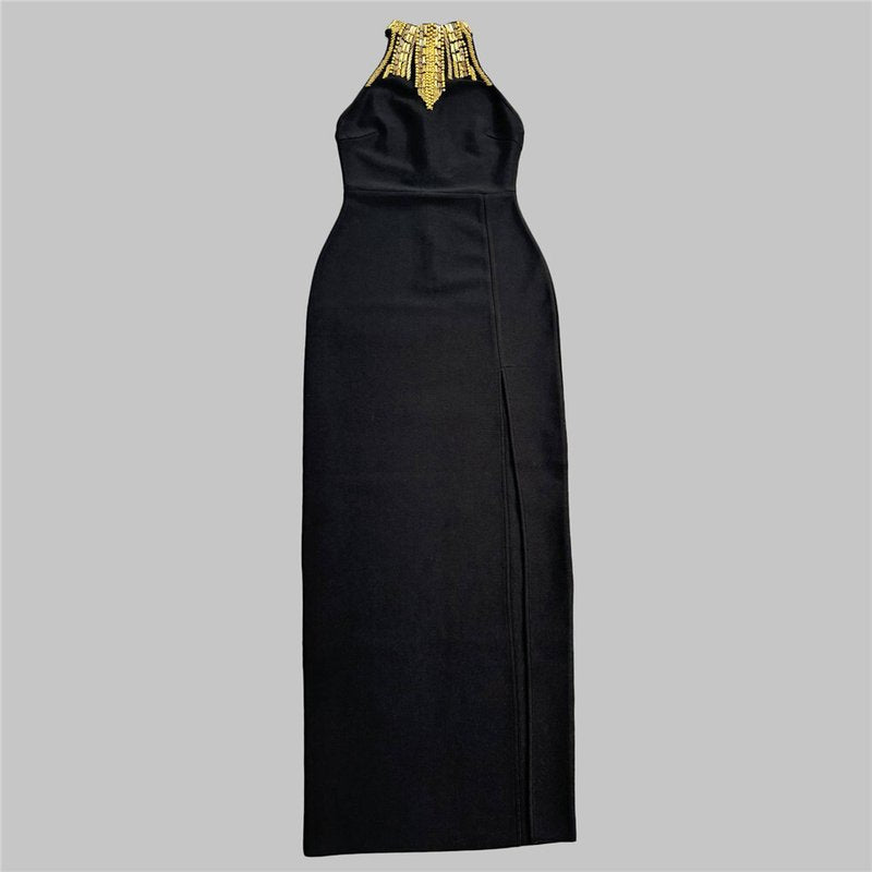 Gold Embellished Halter Midi Dress H6796