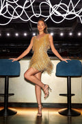 Gold Fringe Sleeveless Mini Dress H6219