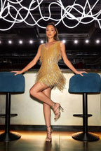 Gold Fringe Sleeveless Mini Dress H6219