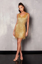 Gold Fringe Sleeveless Mini Dress H6219