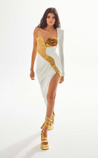 Gold Rose Asymmetric Bandage Dress H6497