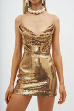 Gold Sequin Cowl Neck Mini Dress H6379