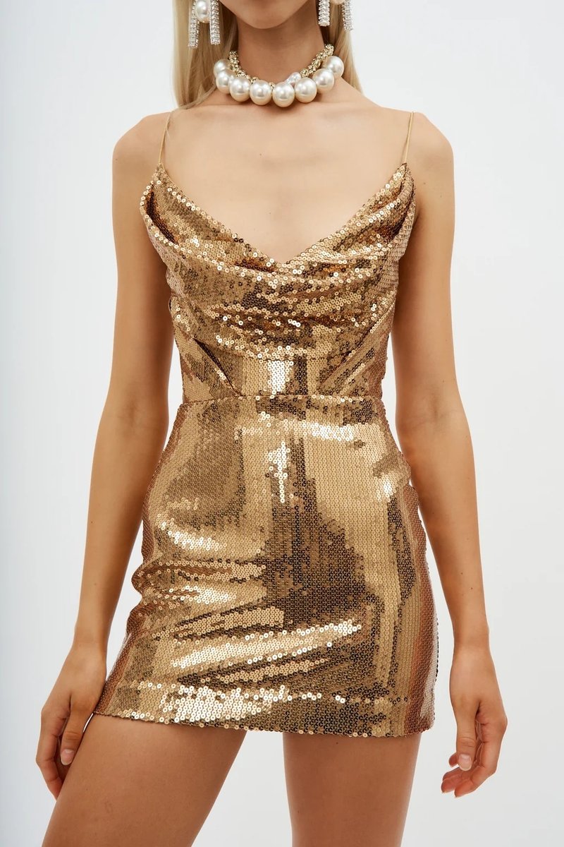 Gold Sequin Cowl Neck Mini Dress H6379