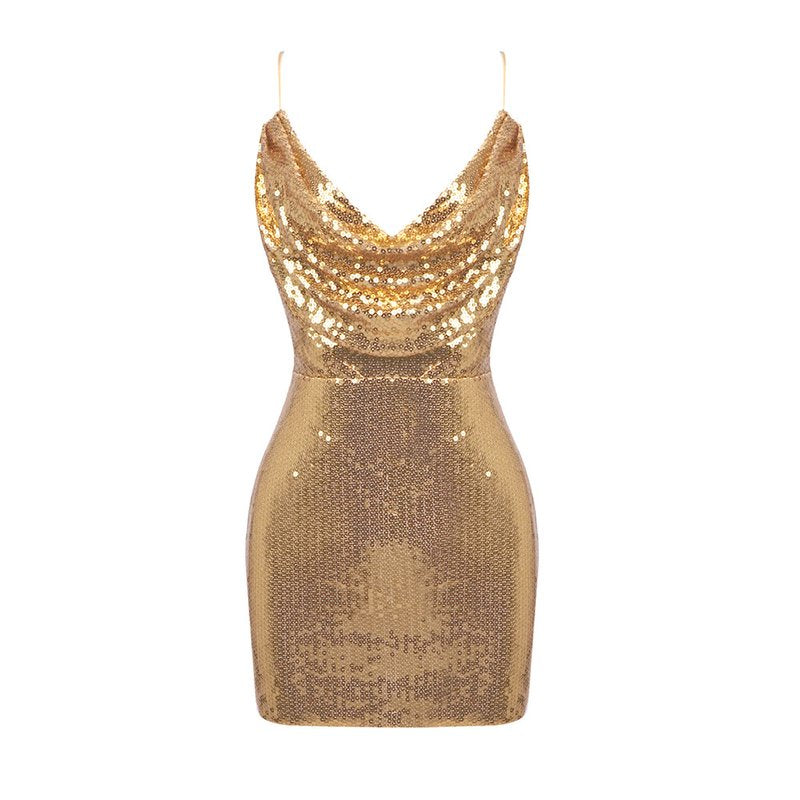 Gold Sequin Cowl Neck Mini Dress H6379