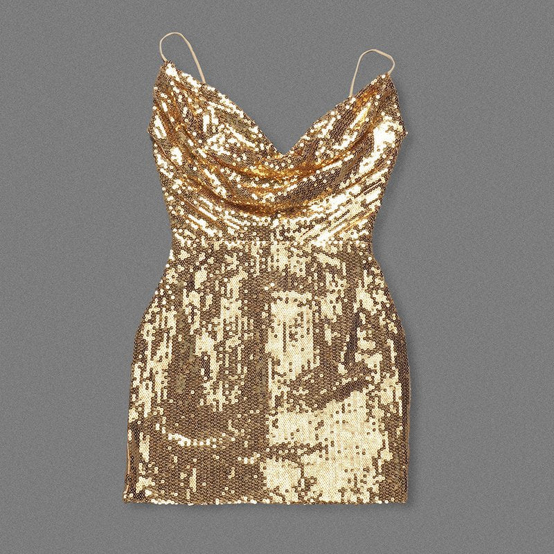 Gold Sequin Cowl Neck Mini Dress H6379