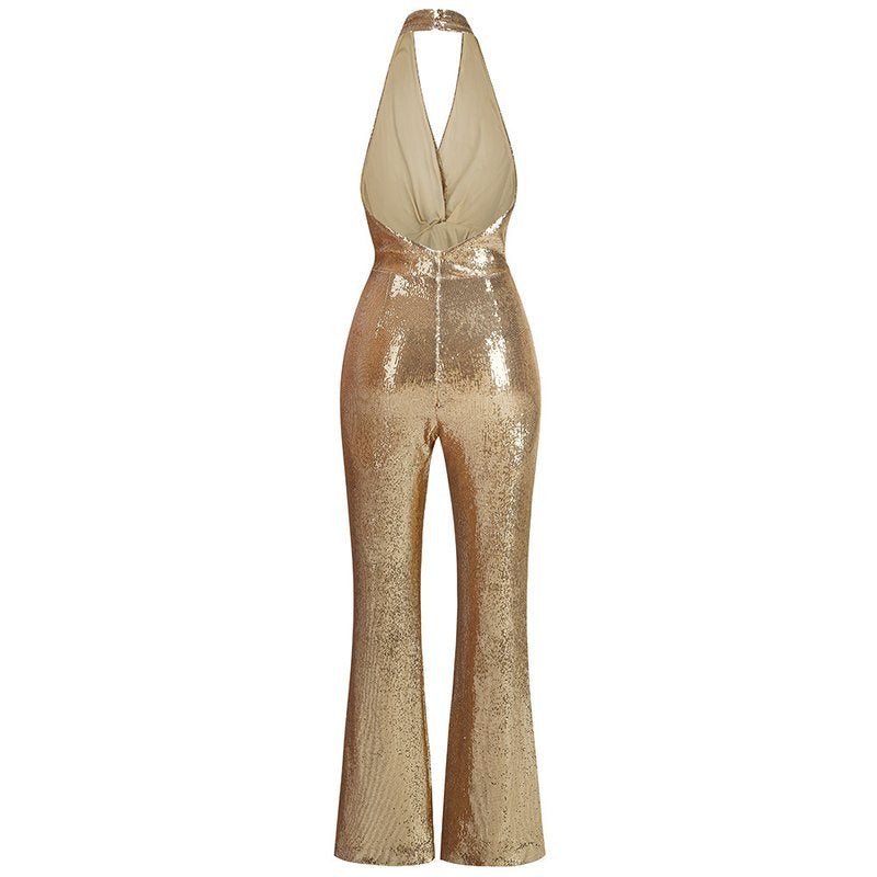 Gold Sequin Halter Jumpsuit H7069