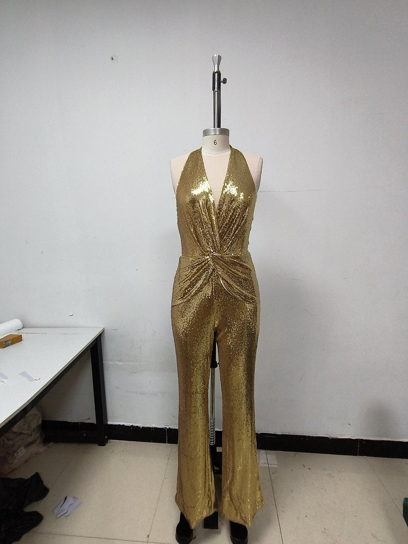 Gold Sequin Halter Jumpsuit H7069