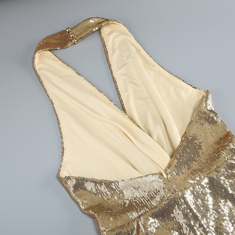 Gold Sequin Halter Jumpsuit H7069