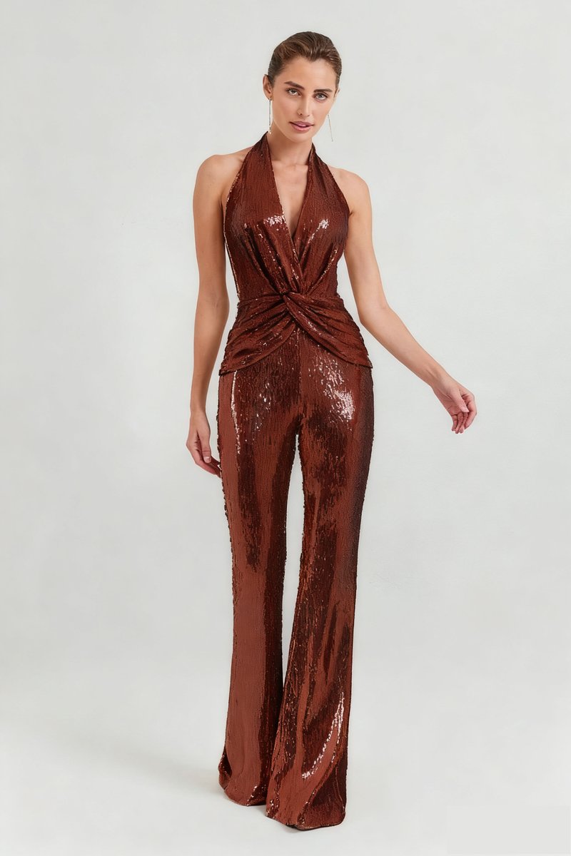 Gold Sequin Halter Jumpsuit H7069
