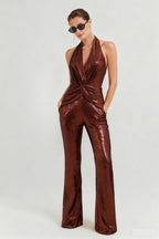Gold Sequin Halter Jumpsuit H7069