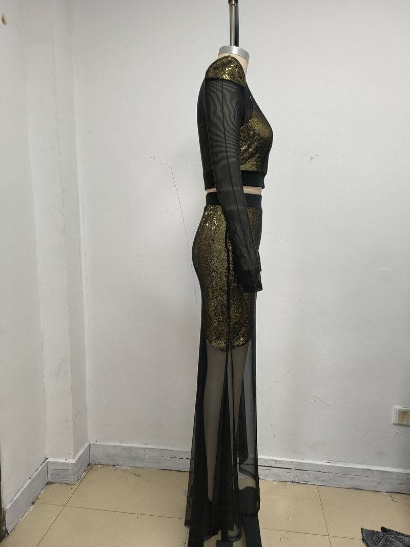 Gold Sequin Two-Piece Sheer Dress H7111