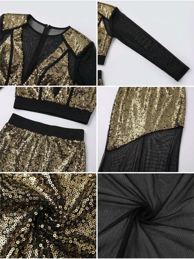 Gold Sequin Two-Piece Sheer Dress H7111