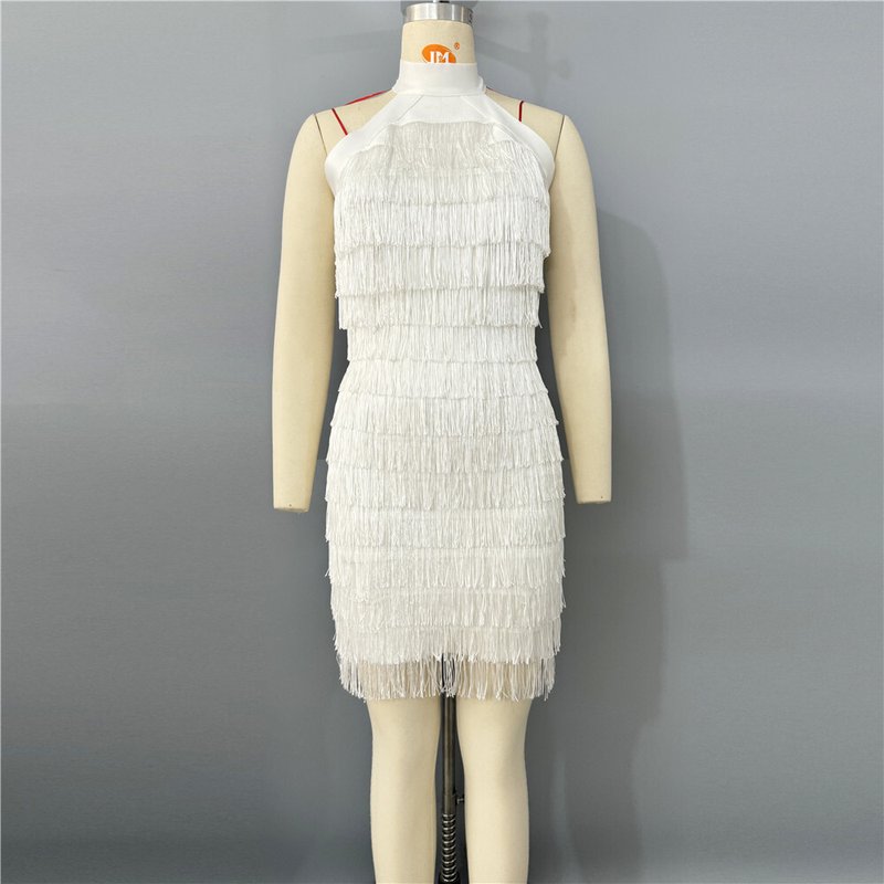 Halter Fringe White Midi Dress H6756