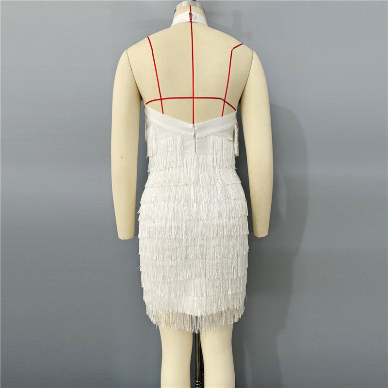 Halter Fringe White Midi Dress H6756