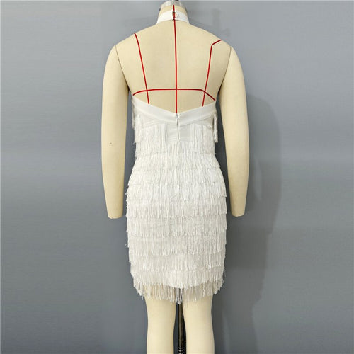 Halter Fringe White Midi Dress H6756