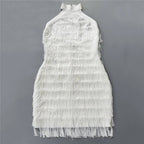 Halter Fringe White Midi Dress H6756