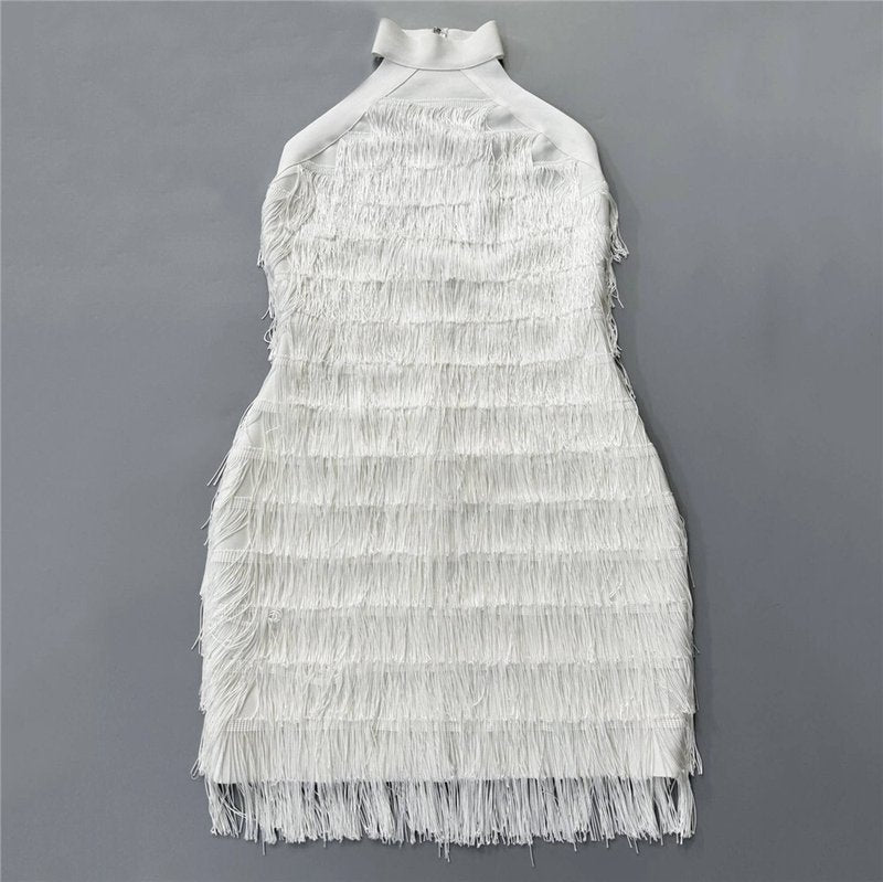 Halter Fringe White Midi Dress H6756