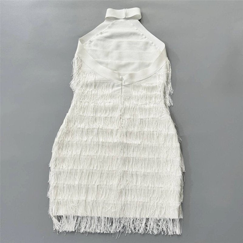 Halter Fringe White Midi Dress H6756