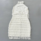 Halter Fringe White Midi Dress H6756
