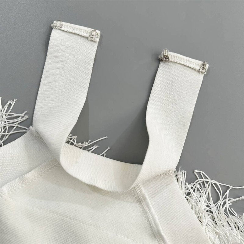 Halter Fringe White Midi Dress H6756