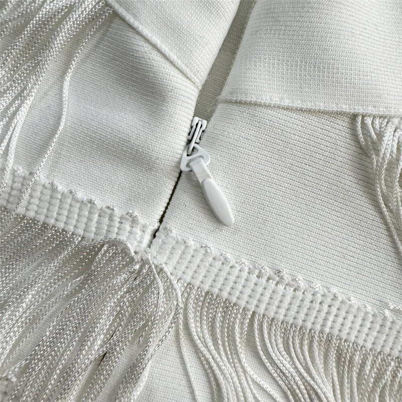 Halter Fringe White Midi Dress H6756