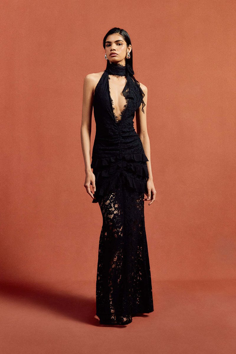 Halter Lace Ruffle Maxi Dress H7075