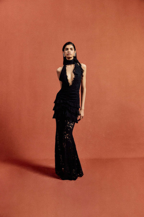 Halter Lace Ruffle Maxi Dress H7075