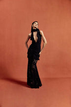 Halter Lace Ruffle Maxi Dress H7075