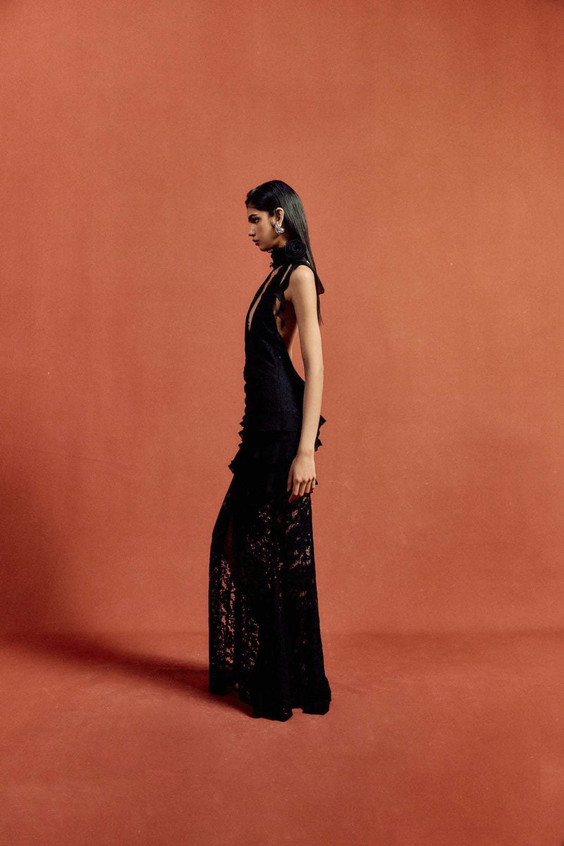 Halter Lace Ruffle Maxi Dress H7075