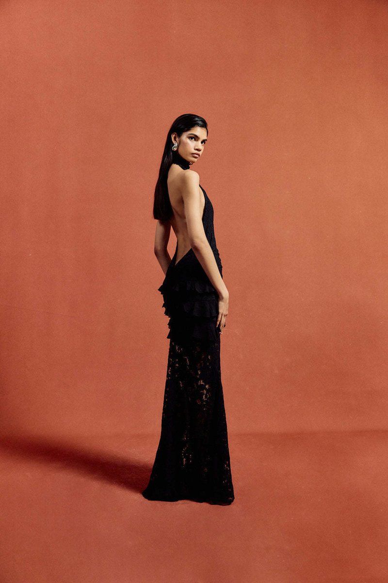 Halter Lace Ruffle Maxi Dress H7075