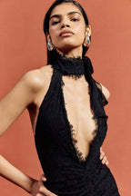 Halter Lace Ruffle Maxi Dress H7075