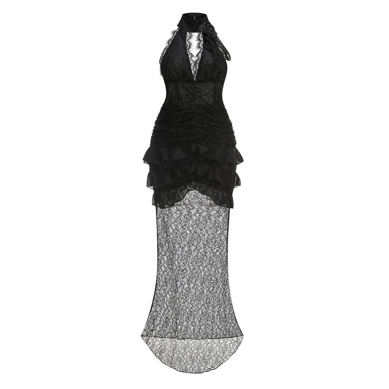 Halter Lace Ruffle Maxi Dress H7075
