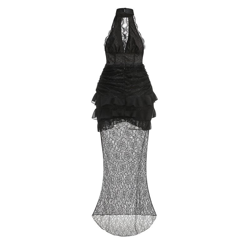 Halter Lace Ruffle Maxi Dress H7075