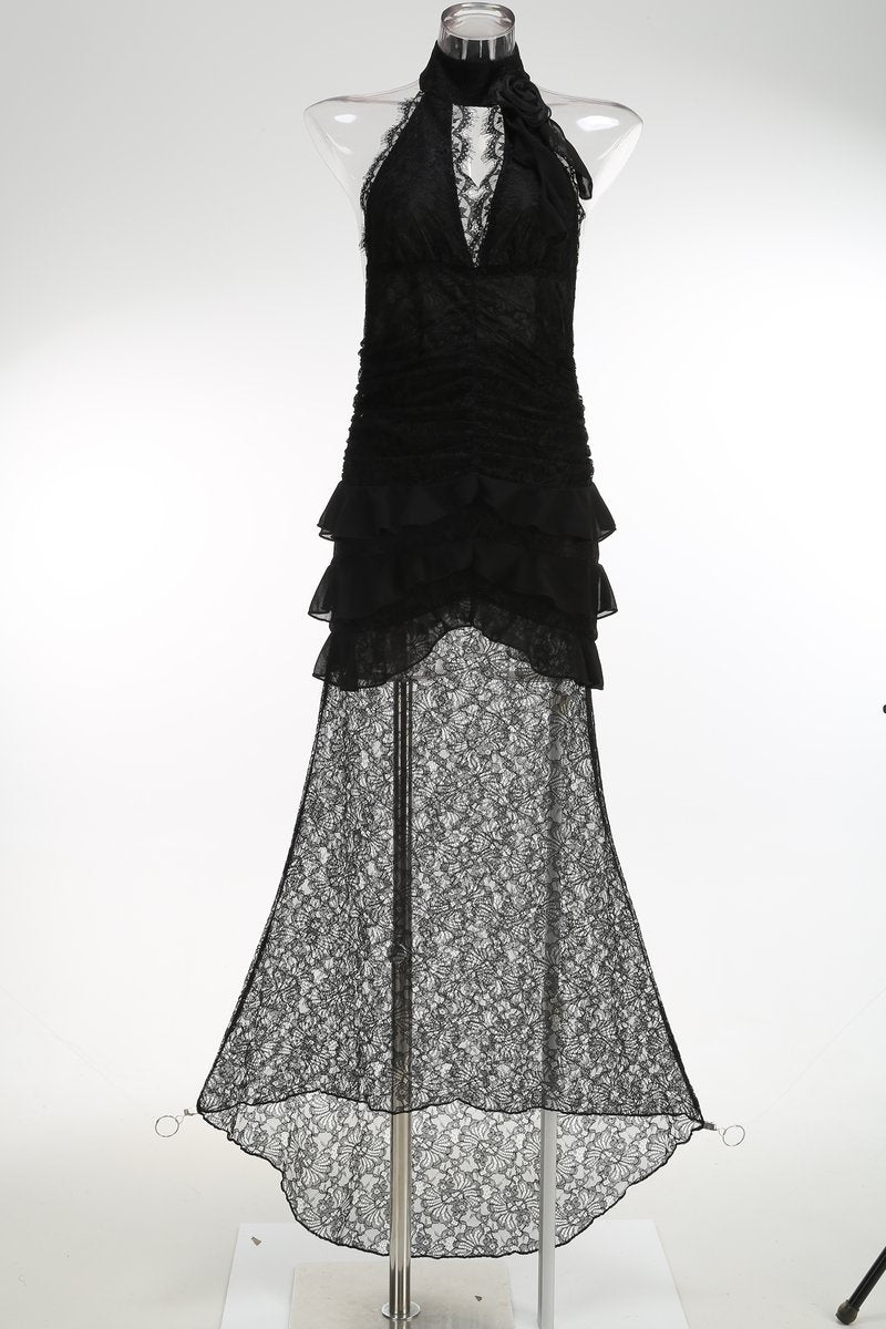 Halter Lace Ruffle Maxi Dress H7075