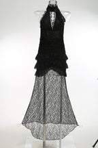 Halter Lace Ruffle Maxi Dress H7075