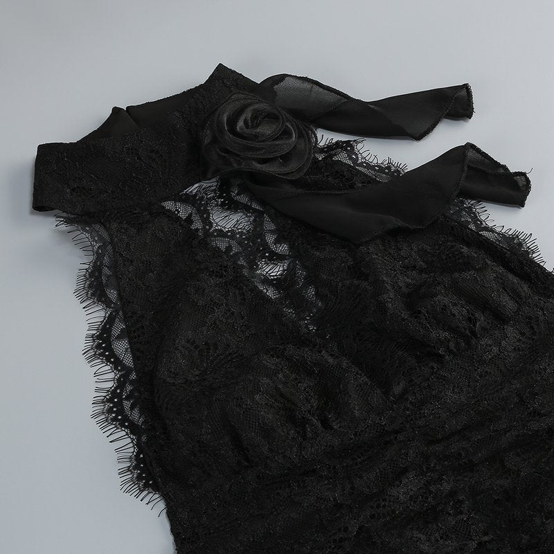 Halter Lace Ruffle Maxi Dress H7075