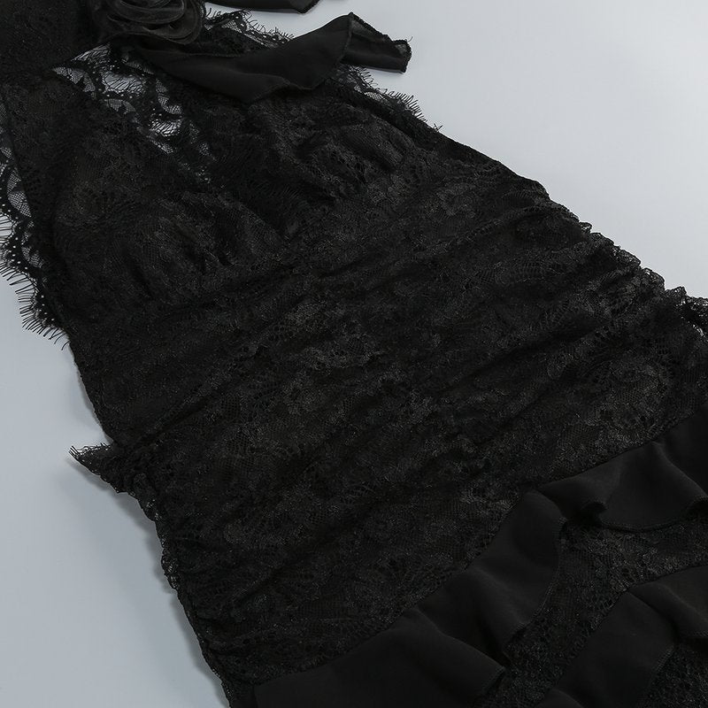 Halter Lace Ruffle Maxi Dress H7075