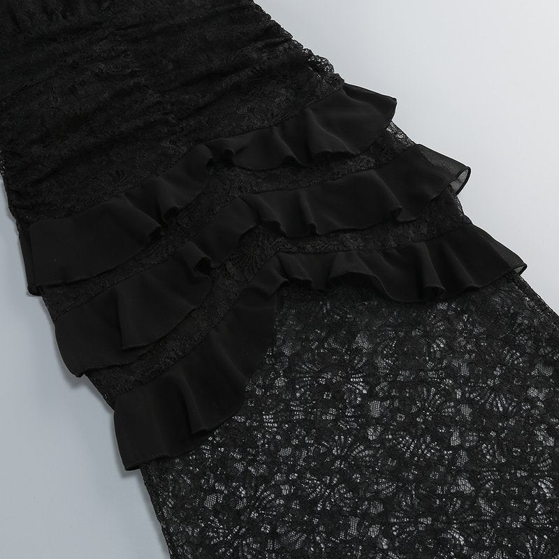 Halter Lace Ruffle Maxi Dress H7075