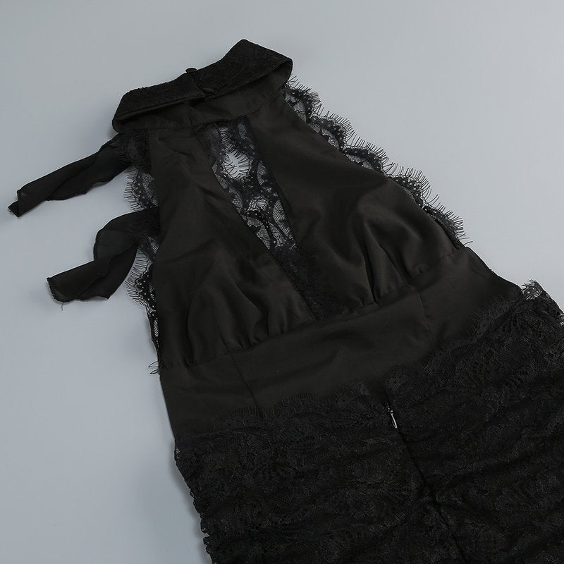 Halter Lace Ruffle Maxi Dress H7075