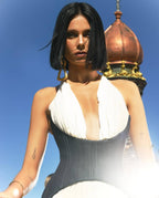 Halter Neck Beige and Black Maxi Dress H6747