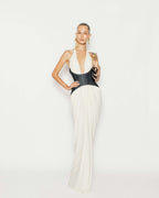 Halter Neck Beige and Black Maxi Dress H6747