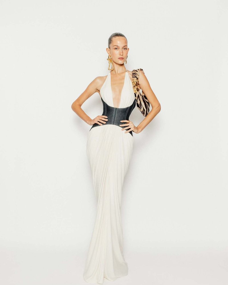 Halter Neck Beige and Black Maxi Dress H6747